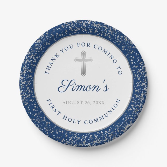 Silver Glitter Navy Blue First Holy Communion Paper Plate (Front)