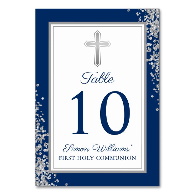 Silver Glitter Navy Blue First Holy Communion Table Number (Front)