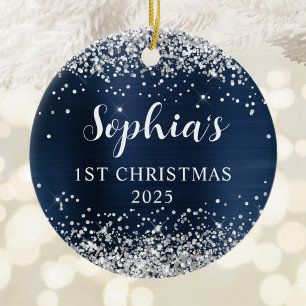 Silver Glitter Navy Blue Foil 1st Christmas Photo Ceramic Ornament
