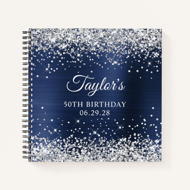 Silver Glitter Navy Blue Foil 50th Birthday Guest Notebook (Front)