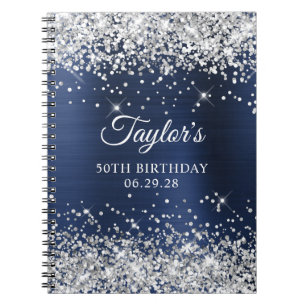 Silver Glitter Navy Blue Foil 50th Birthday Guest Notebook