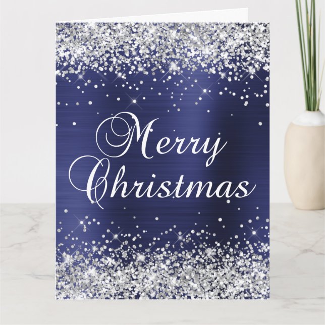 Silver Glitter Navy Blue Foil Big Merry Christmas Card (Front)