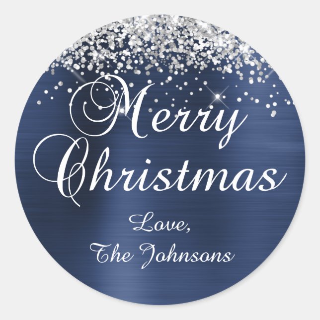 Silver Glitter Navy Blue Foil Merry Christmas Classic Round Sticker (Front)