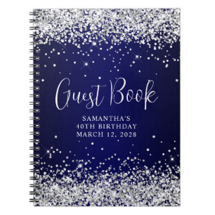 Silver Glitter Navy Blue Ombre 40th Birthday Guest Notebook