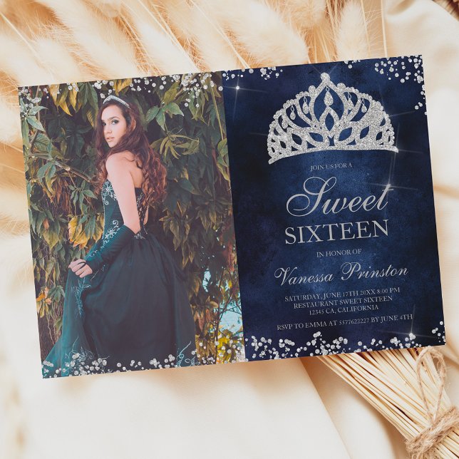 Silver glitter navy blue photo tiara Sweet 16 Invitation (Creator Uploaded)