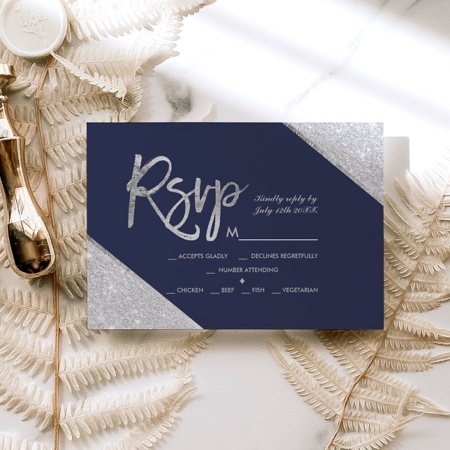 Silver glitter navy blue script wedding Rsvp Card (Creator Uploaded)