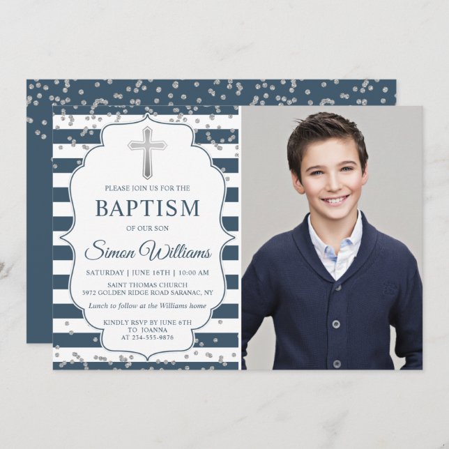 Silver Glitter Navy Blue Stripes Baptism Photo Invitation (Front/Back)