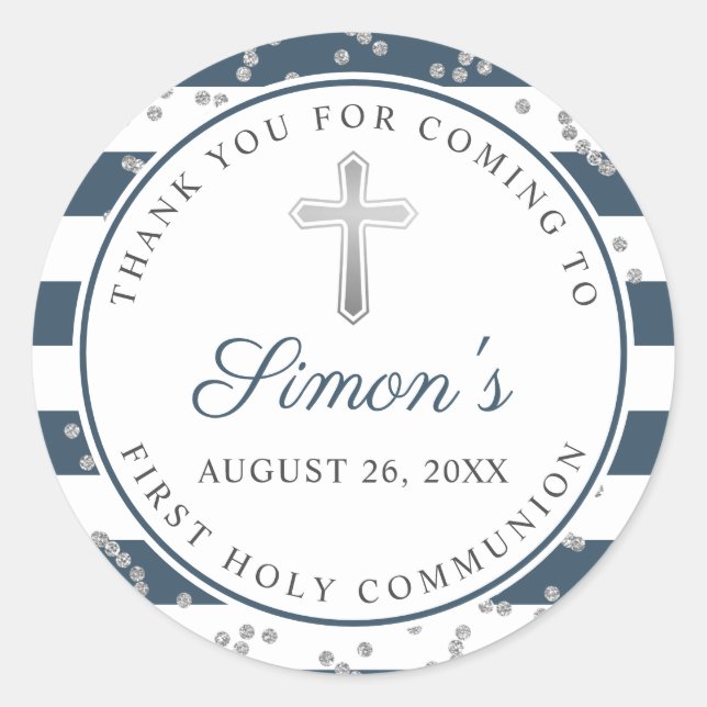 Silver Glitter Navy Blue Stripes First Communion Classic Round Sticker (Front)