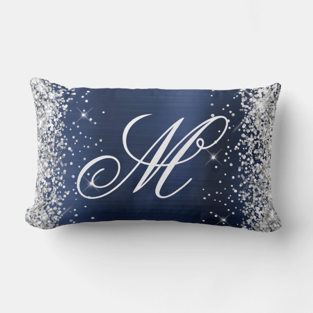 Silver Glitter Navy Foil Fancy Monogrammed Lumbar Pillow (Front)