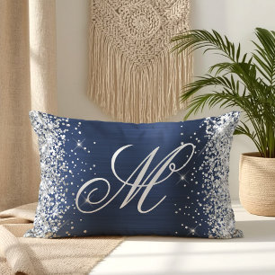 Silver Glitter Navy Foil Fancy Monogrammed Lumbar Pillow