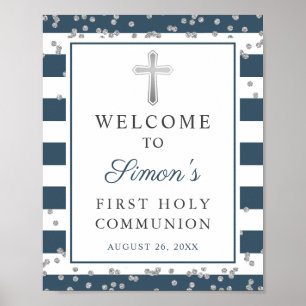 Silver Glitter Navy Strip First Communion Welcome  Poster