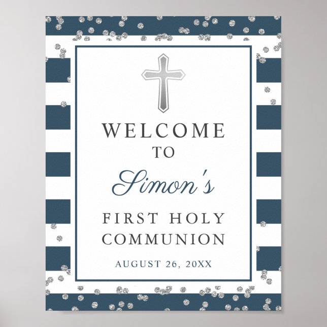 Silver Glitter Navy Strip First Communion Welcome  Poster (Front)