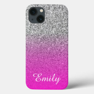 Silver Glitter Neon Pink Ombre Personalized iPhone 13 Case