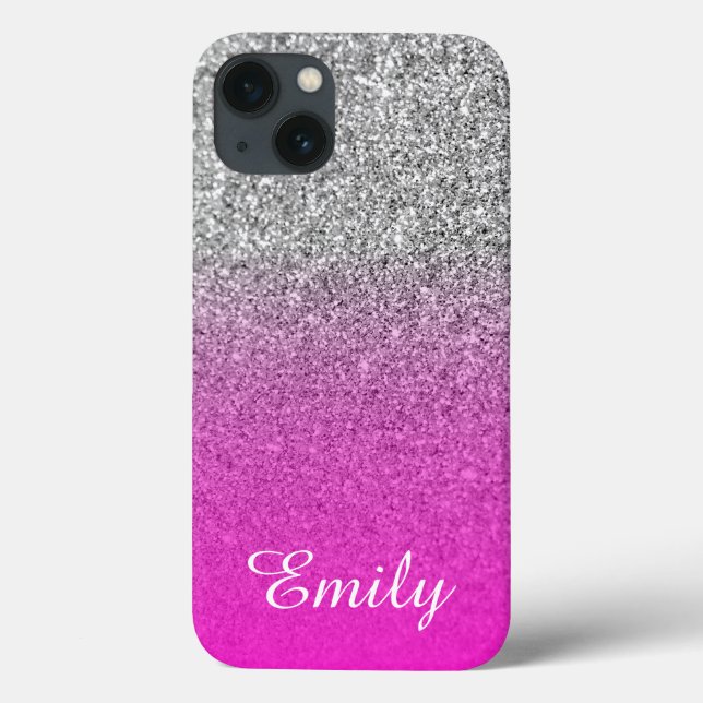Silver Glitter Neon Pink Ombre Personalized Case-Mate iPhone Case (Back)