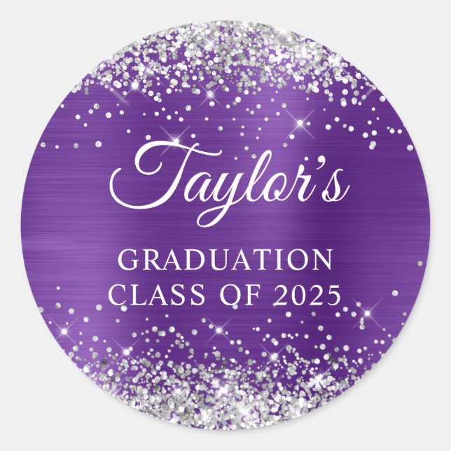 Silver Glitter New Royal Purple Foil Graduation Classic Round Sticker (Front)