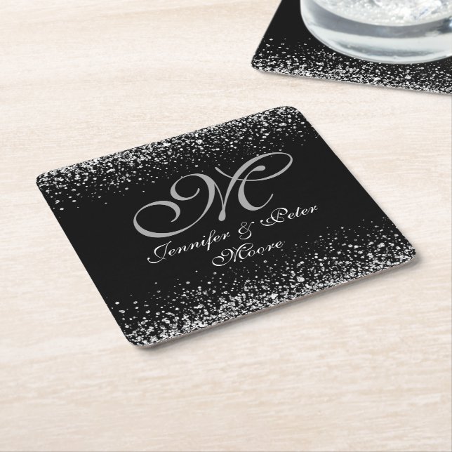 Silver Glitter Night Sky Wedding Coaster (Angled)