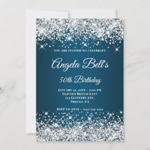 Silver Glitter Ocean Blue Ombre Fancy Monogram Invitation