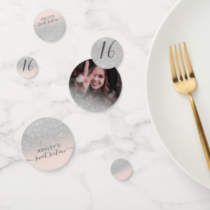 Silver glitter ombre blush pink photo Sweet 16 Confetti