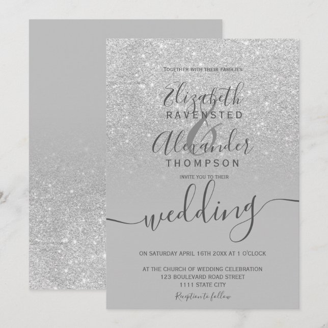 Silver glitter ombre chic grey script wedding invitation (Front/Back)
