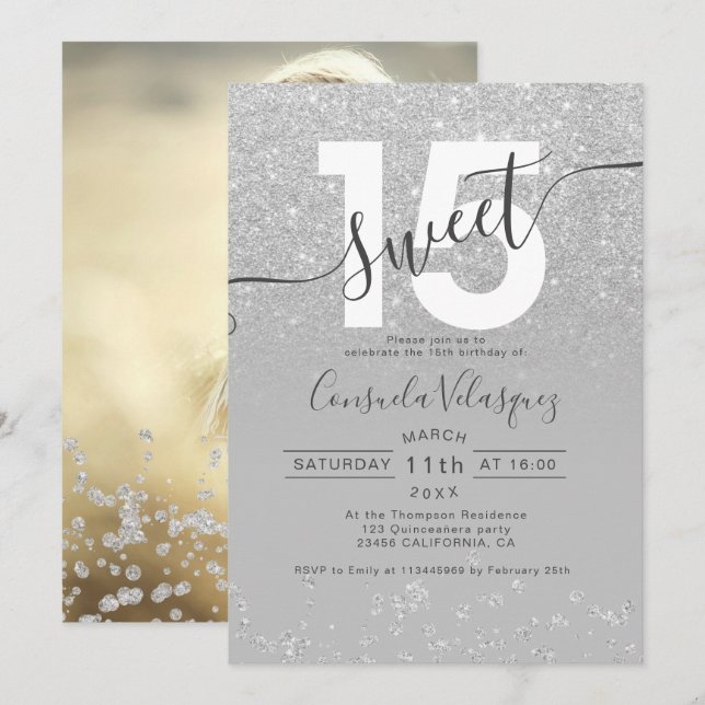 Silver glitter ombre grey Quinceanera photo Invitation (Front/Back)
