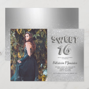 Silver glitter ombre letters photo foil sweet 16 invitation