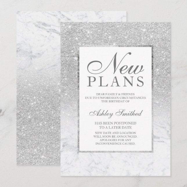 Silver glitter ombre marble postponed new plans invitation (Front/Back)