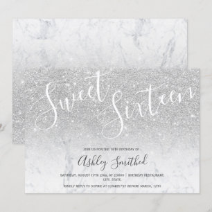 Silver glitter ombre marble sweet sixteen invitation