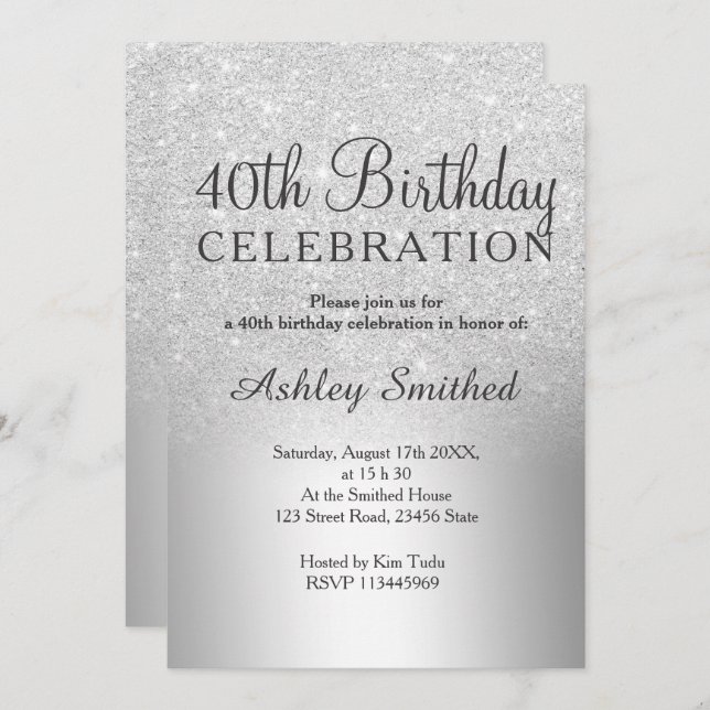 Silver glitter ombre metallic 40th birthday invitation (Front/Back)