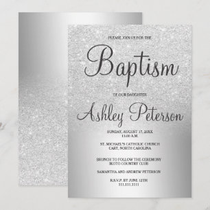 Silver glitter ombre metallic foil baptism invitation