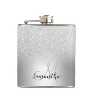 Silver glitter ombre metallic foil monogram hip flask