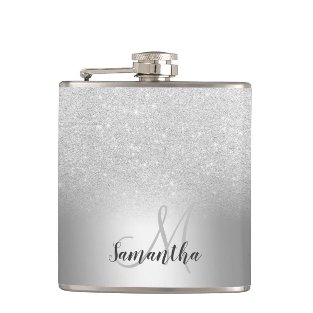 Silver glitter ombre metallic foil monogram hip flask (Front)