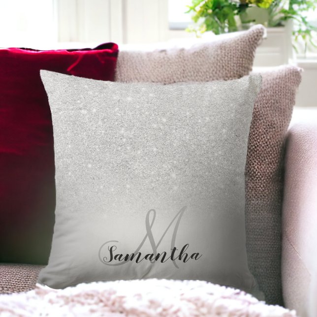 Silver glitter ombre metallic foil monogram throw pillow (Silver glitter ombre metallic foil monogram throw pillow)