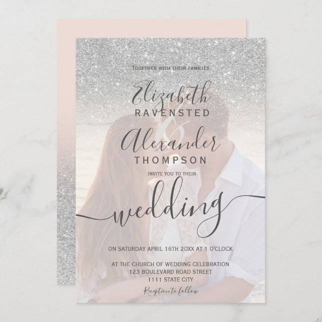 Silver glitter ombre pink script photo wedding invitation (Front/Back)