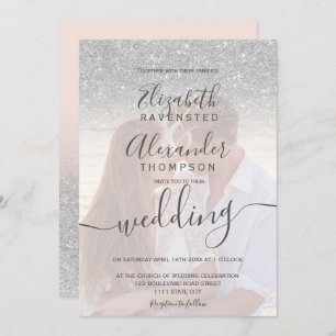 Silver glitter ombre pink script photo wedding invitation