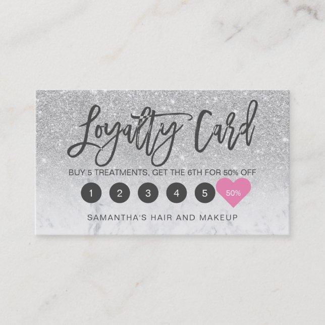 Silver glitter ombre script makeup marble loyalty card (Front)