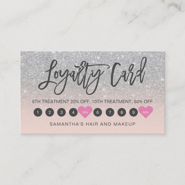 Silver glitter ombre script makeup pink10 loyalty card (Front)