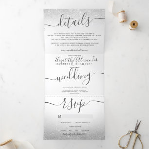 Silver glitter ombre white script chic wedding Tri-Fold invitation