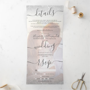 Silver glitter ombre white script photo wedding Tri-Fold invitation