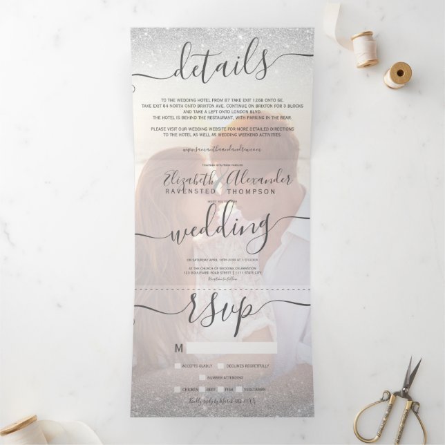 Silver glitter ombre white script photo wedding Tri-Fold invitation (Inside)