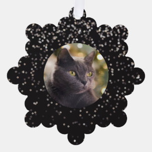 Silver Glitter on Black Personalized Cat Ornament Card