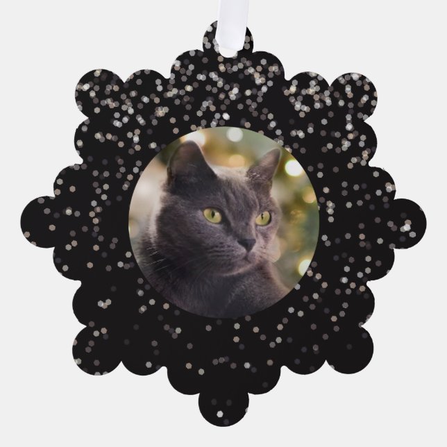 Silver Glitter on Black Personalized Cat Ornament Card (Front)