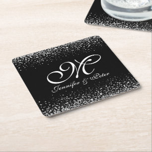 Silver Glitter on Black Square Paper Coaster