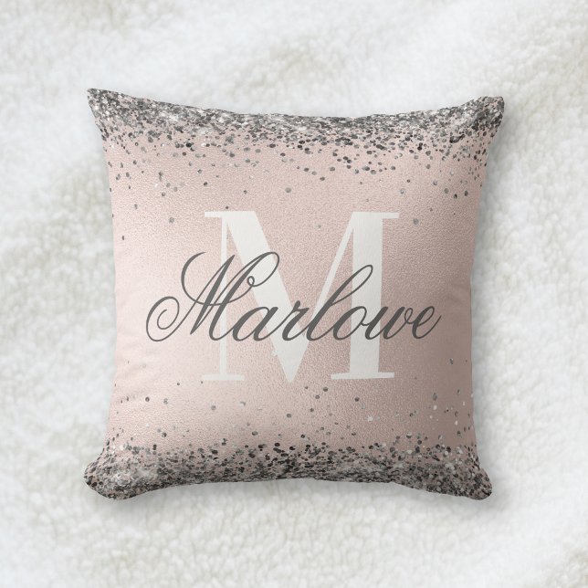 Silver Glitter on Blush Pink Monogram Throw Pillow (Creator Uploaded)