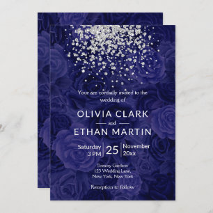 Silver Glitter on Royal Blue Roses Invitation