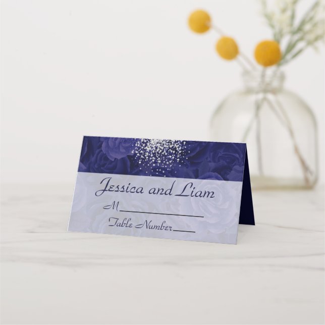 Silver Glitter on Royal Blue Roses Place Card (Front)