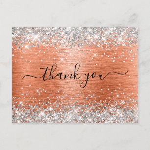 Silver Glitter Orange Coral Foil Thank You Postcard