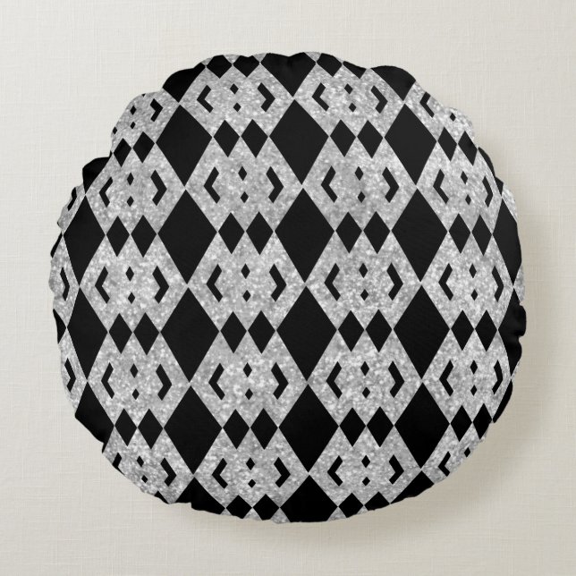 Silver Glitter Overlap Diamond Pattern Round Pillow (Front)