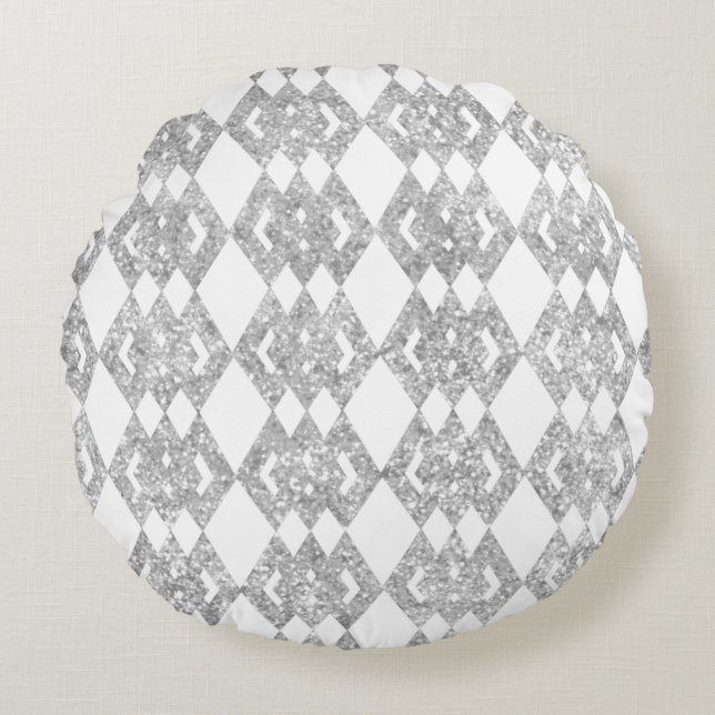 Silver Glitter Overlap Diamond Pattern Round Pillow (Front)