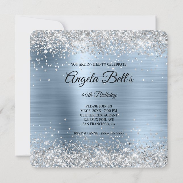 Silver Glitter Pale Blue Foil Fancy Monogram Invitation (Back)