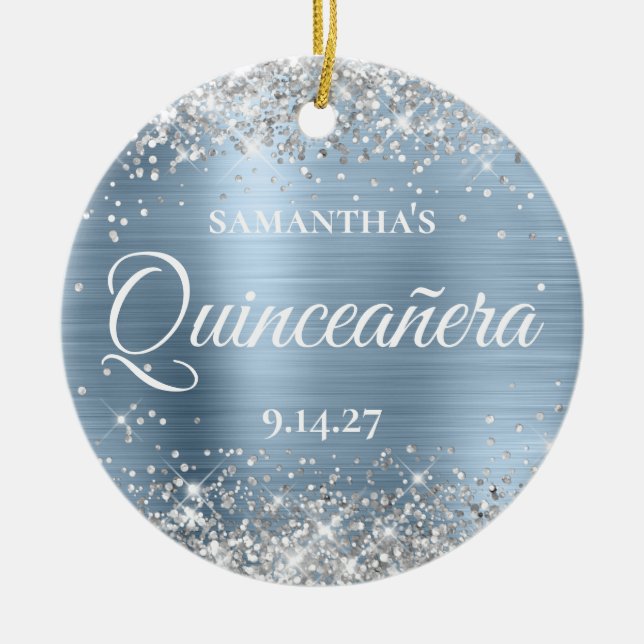 Silver Glitter Pale Blue Quinceañera Photo Ceramic Ornament (Front)